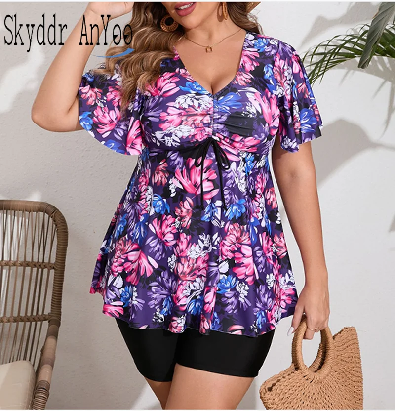 Plus Size Tankini Swimsuits For Women 2025 Two Piece Swimwear Printed Swim Top  And High Waist Shorts Tummy Control Bathing Suit