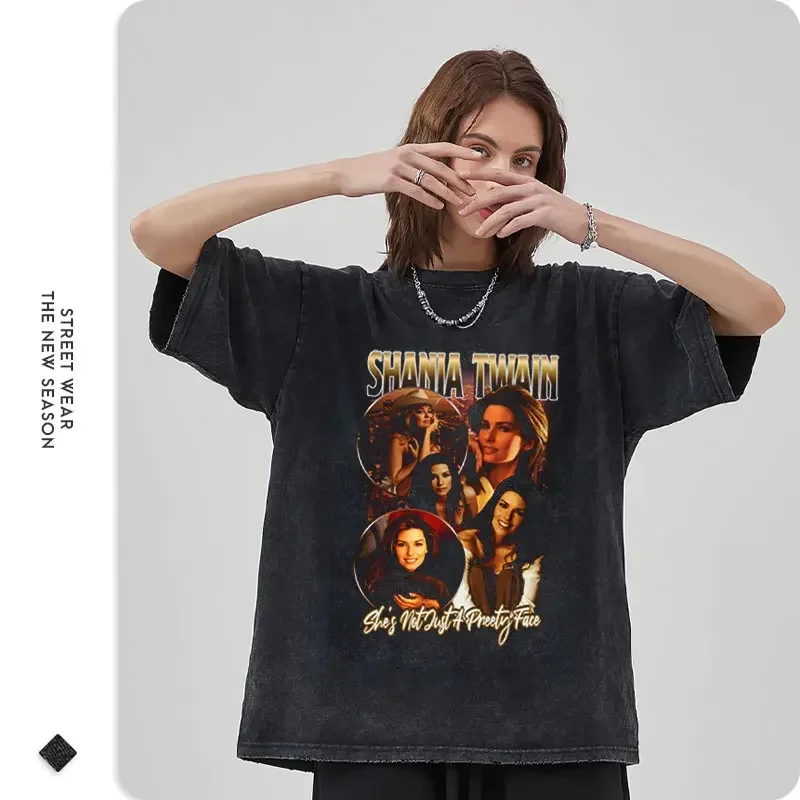 Shania Twain T Shirt Harajuku Female Singer Stars Vintage Washed Tops Tees Hip Hop Short Sleeve Oversized Retro T-shirt Cotton