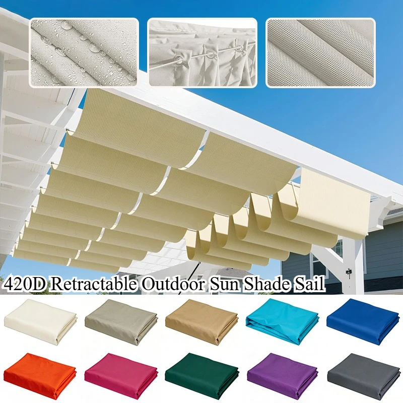 420D Oxford Fabric Retractable Wave Sun Awning Waterproof UV Protection Outdoor Sun Shade Sail Shade Cover for Courtyard Garden