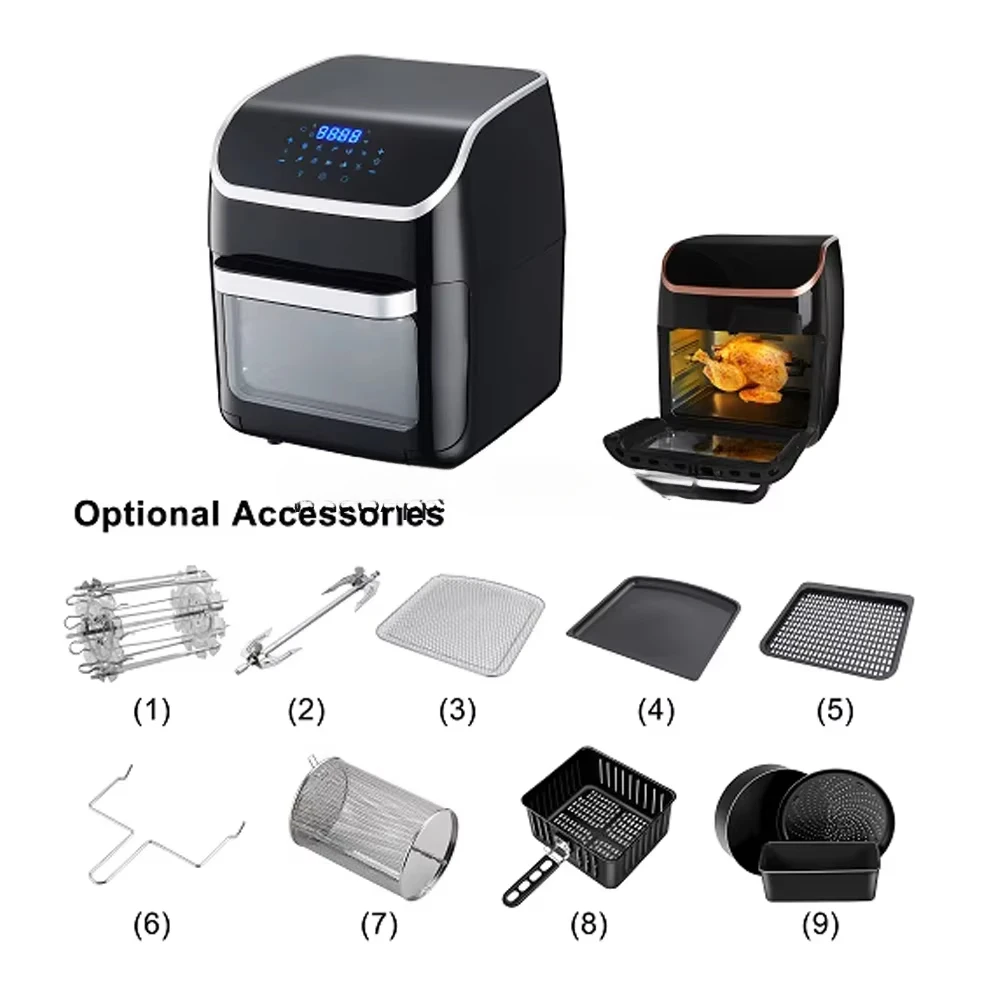 12L Large Digital LED Screen Control Air Fryer Toaster Oven Included Rotisserie Skewers Accessories