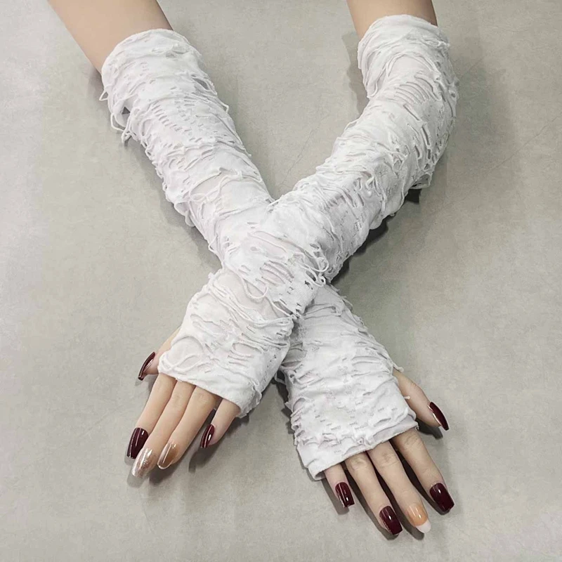 Punk Fingerless Long Decorative Gloves Ripped Gothic Arm Sleeves Spicy Girl Hand Sleeves Costume Accessories