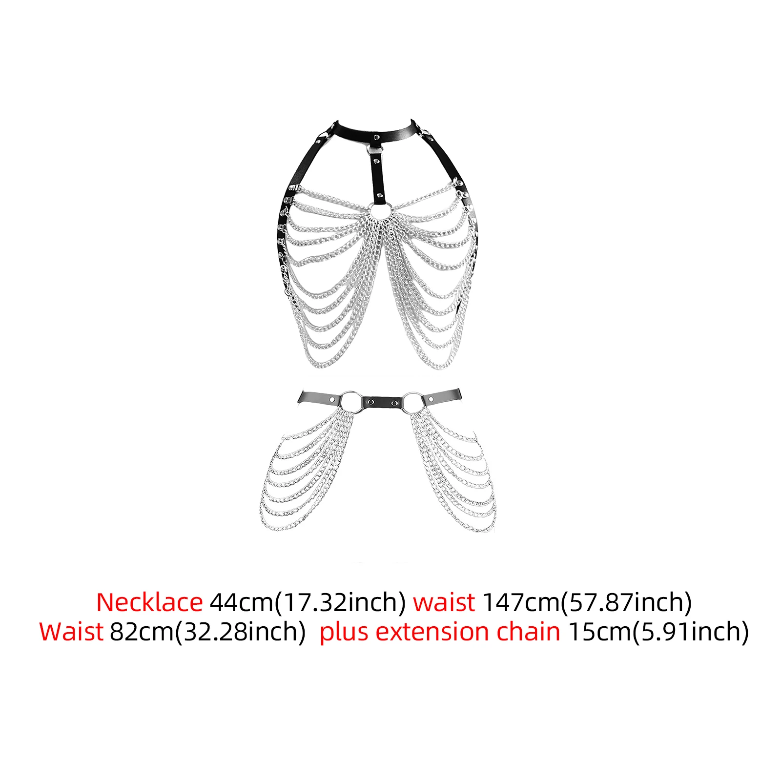 여성용 프린지가 있는 가죽 바디 체인 다층 허리 및 가슴 체인 세트