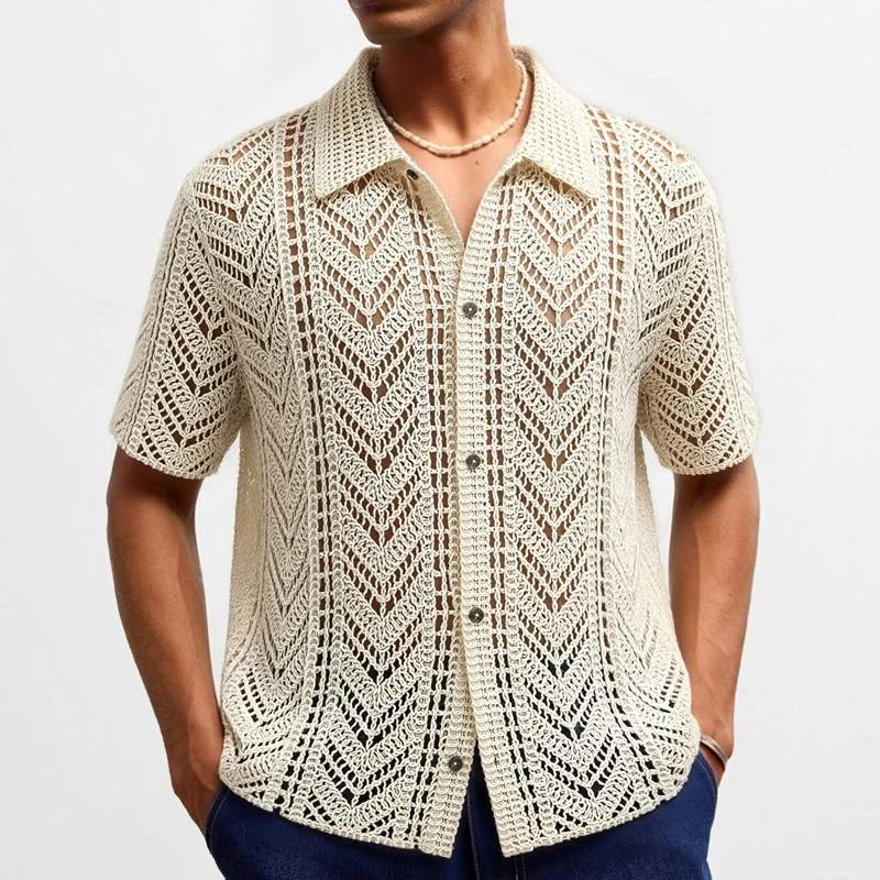 Cotton Fashion Cardigan Polo Shirt for Men Hollow Out Crochet Knitted Tops Man Beach Vacation Lapel Short Sleeve T-shirts SY0122