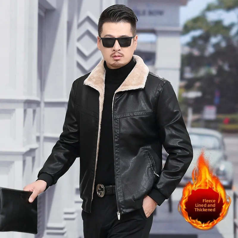 

Men's Fce Lined Thiened Leather Jaet Motorcycle Sle Slim Fit Autumn Winter Faion Outerwear PU Coated Menswear