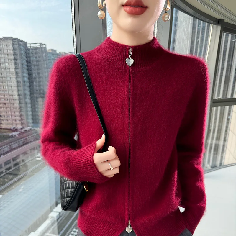 الخريف والشتاء المنك الكشمير سترة المرأة سستة أعلى الصوف محبوك سترة معطف