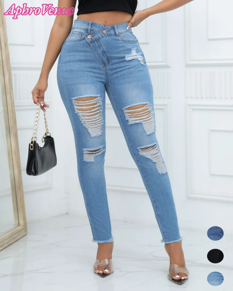 Calça jeans rasgada elástica feminina, lápis de cintura alta, calça jeans lavada, estreita, envoltório de perna reta, quadris, calça longa, senhora, plus size