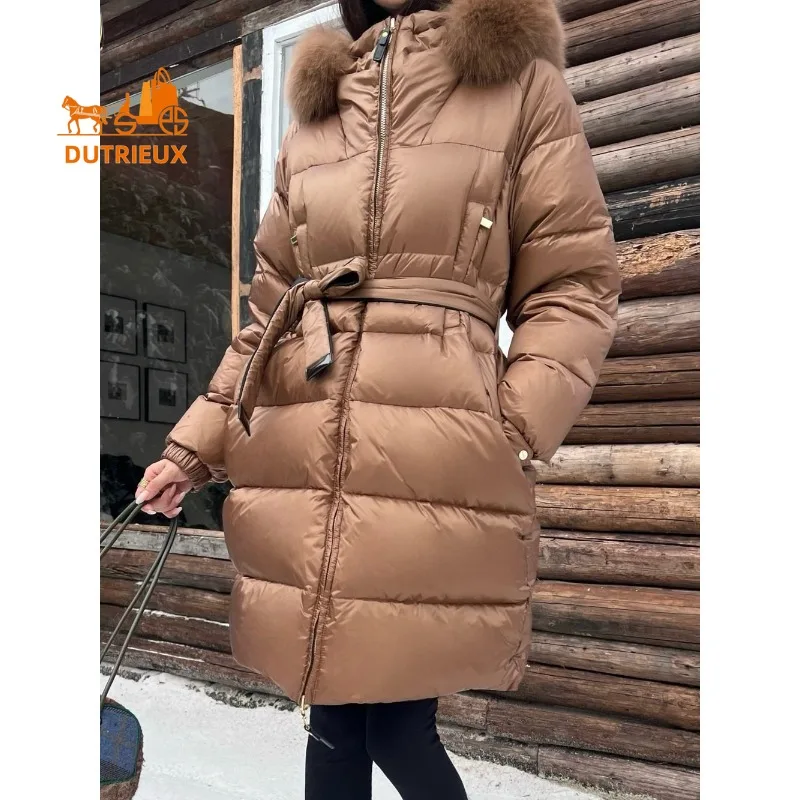 冬の女性の両面毛皮の襟フード付き両面ミッドレングスダウンジャケット、90% グレーグースダウン、ファッションエレガントな女性コート