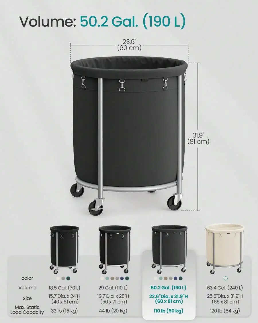 Laundry Basket With Wheels, Rolling Laundry Hamper, Round Laundry Cart With Steel Frame And Removable Bag, 4 Casters And 2 Brake