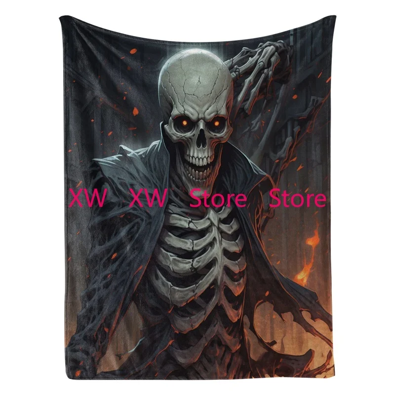

Black Skull Pattern Throw Blanket Warm Plush Red Flame Skull Blankets for Adults Teen for Sofa Couch and Bed