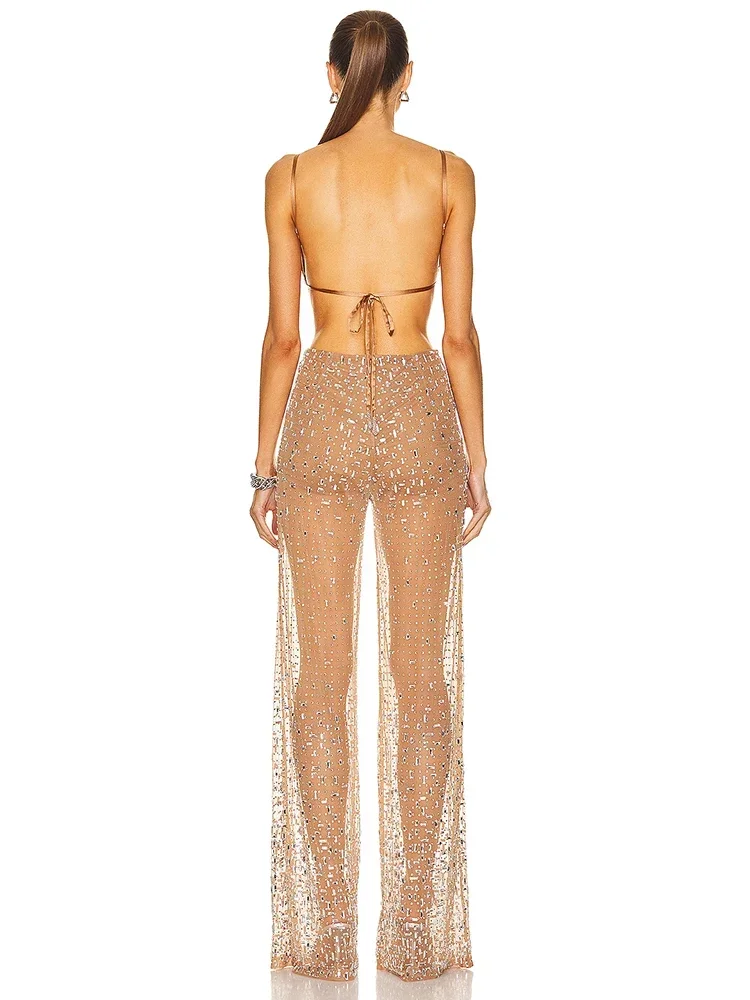 Sexy Bandjes Perspectief Mesh Crystal Diamant Jumpsuit Vrouwen Abrikoos Mouwloze Backless Glanzende Strass Jumpsuits Party Club