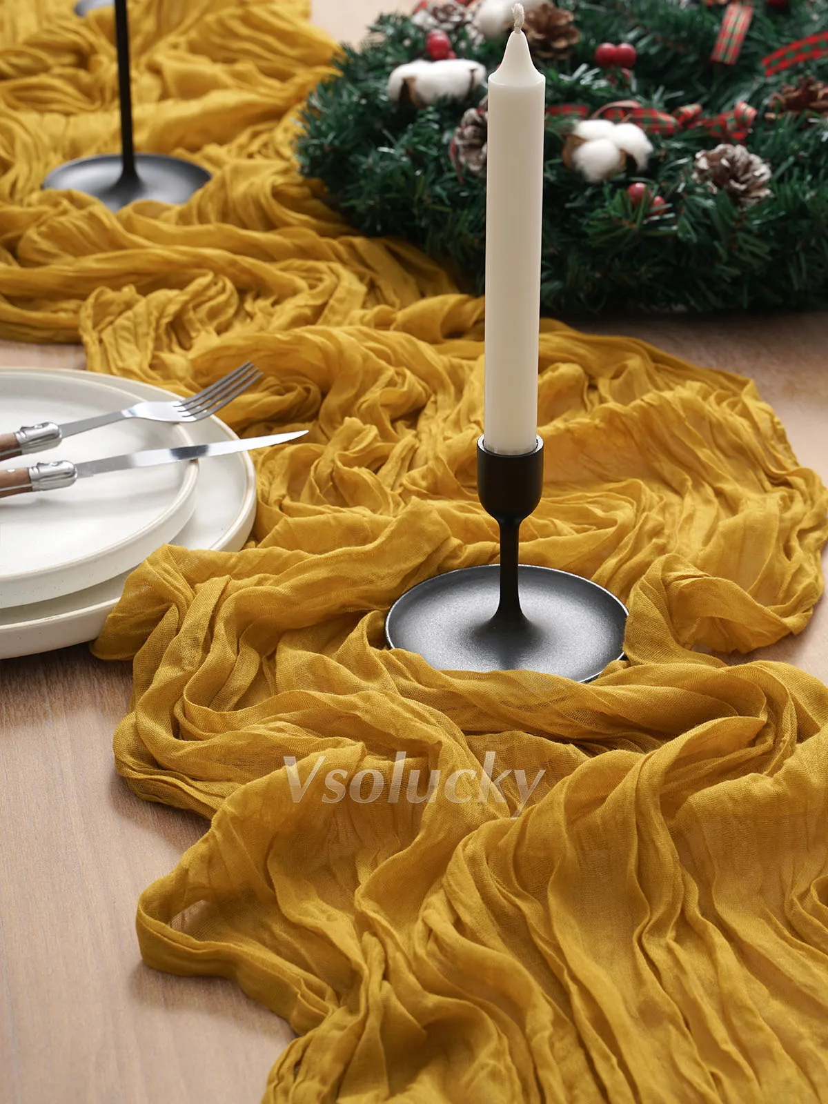 Vintage Cheesecloth Table Runner Sheer Crinkle Gauze Fabric for Rustic Wedding Bridal Shower Boho Dining Christmas Party Decor