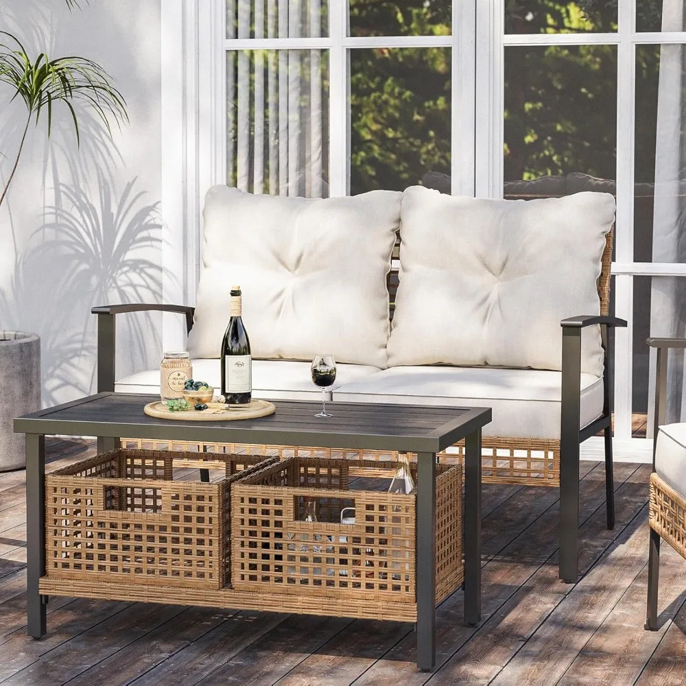 Outdoor Patio Loveseat with Coffee Table Set of 2, 2 Pcs Comfortable Oversized Furniture (Not Include Storage Boxes)