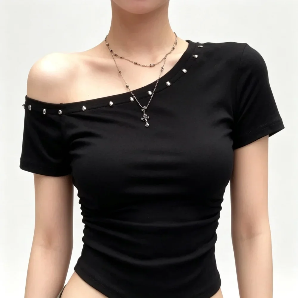 Single Shoulder Top Women Balletcore Ballerina Grace Swirl Feather Short Sleeve Stud Trim Beaded Gathered Plain Black Siren