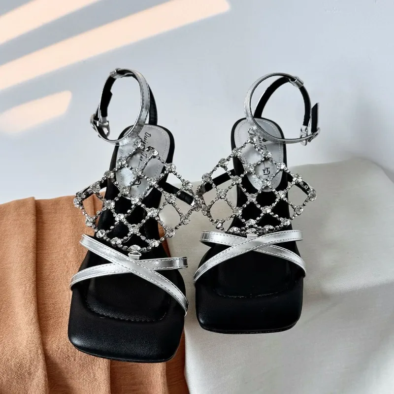 Temperament High Heels Women Summer Square Toe Open Toe Rhinestone Metal Mesh Strap Alien Heel Roman Sandals，Fashion，35-40