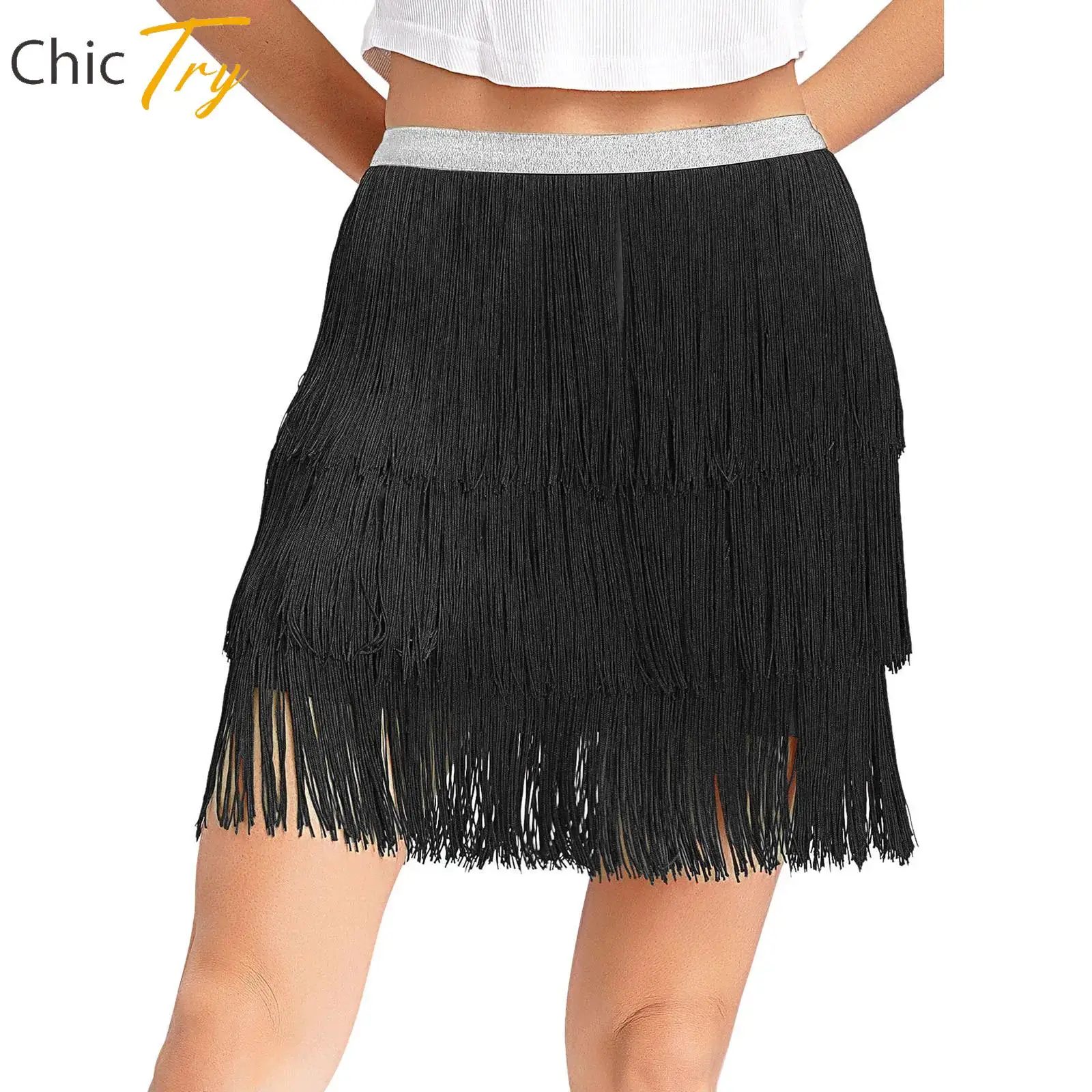 

Womens Latin Dance Salsa Tango Stage Performance Costume Elastic Waistband Tiered Tassel Skirt for Halloween Cosplay Dance Party