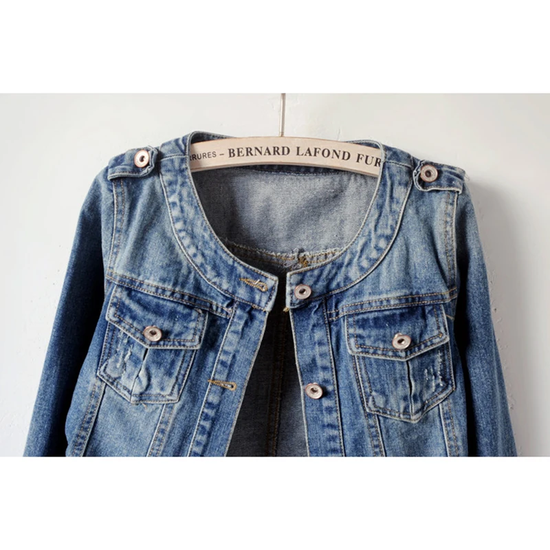 Vintage Blue Frayed Pocket Denim Jacket Women Slim Short Student Cowboy Outerwear O Neck Long Sleeve Jeans Jacket Coat Female