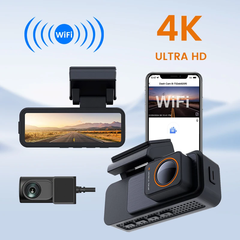 4K 2160P 3.2Inch  Dash Cam Dual Lens Ultra HD Real Car DVR Camera WIFI GPS Rear View Night Vision WDR Video Recorder 24H Parking