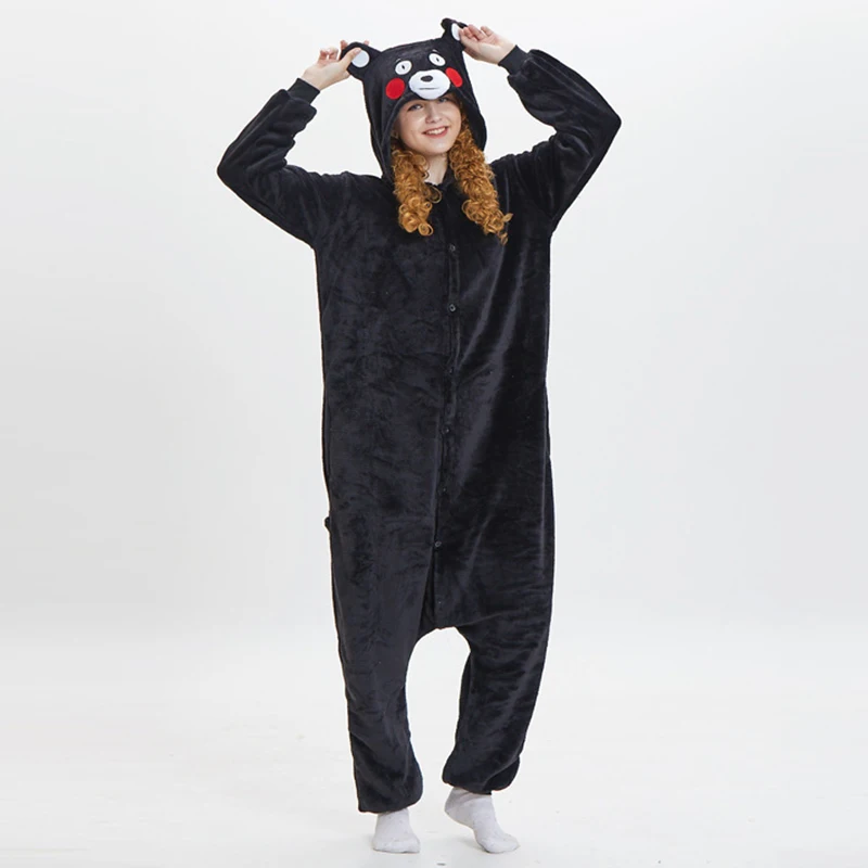 

Adult Unisex Black Bear Plush One Piece Animal Costume Flannel Warm Sleepwear Anime Onesies Pajamas Halloween Cosplay Homewear