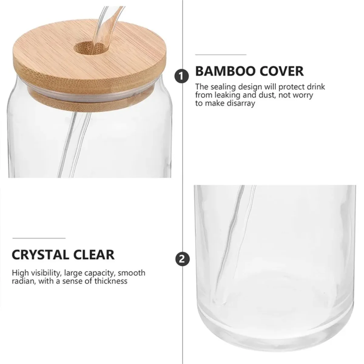 16oz Glass Drinking Cup Comes with A Bamboo Lid and A Glass Straw Suitable for Cocktails Coffee Beverages Etc. view 3