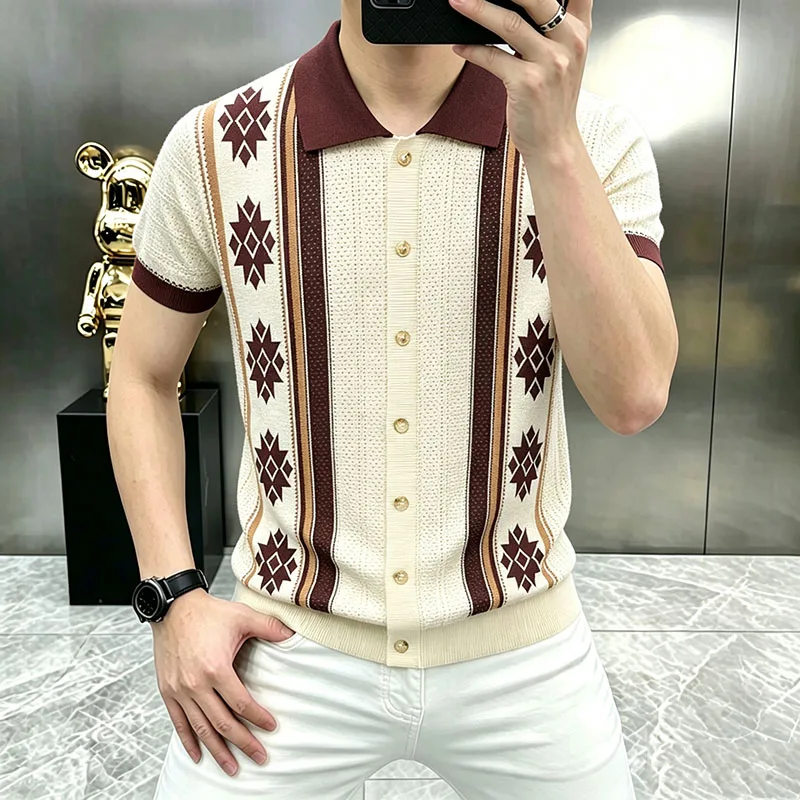 Polyester Viscose Knitted Men's Polo Shirts Short Sleeve Premium Summer Quality Hollow Breathable Elastic Casual Polos De Hombre