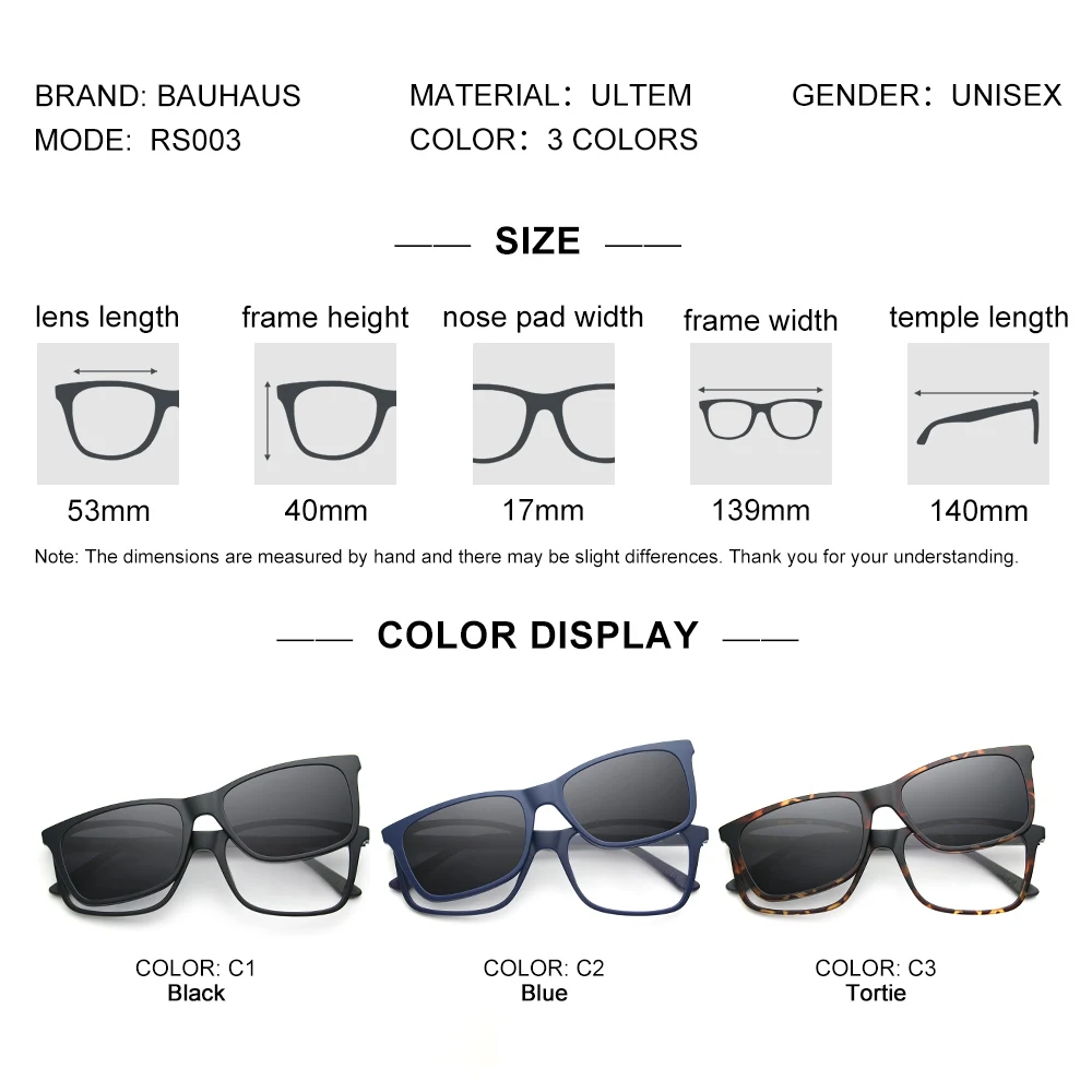 RS003 Myopia Prescription Eyeglasses Frame Men Square Optical Glasses Frame Polarized Magnetic Clip on Sunglasses