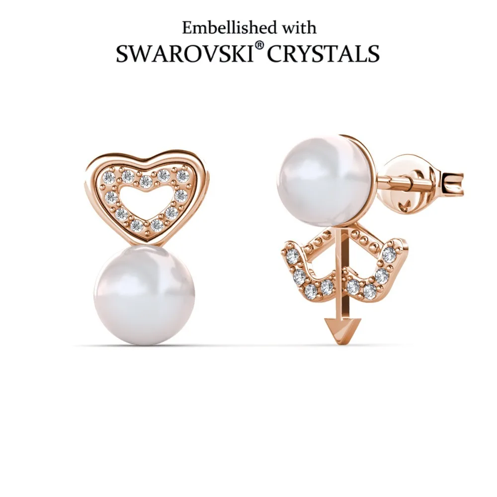 Daisini Fashion Earring with Swarovski Crystals Copper Heart Pearl Cupid Arrow Design Ladies Jewelry Trendy Accessory Ideal Gift