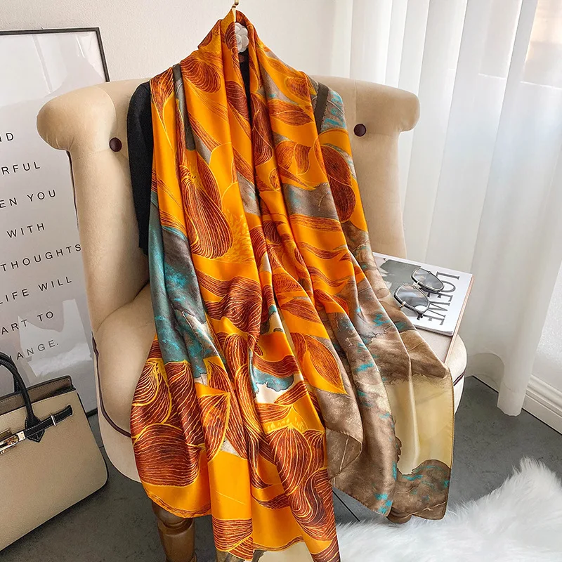 Fashion Flower Long Shawls Four Seasons 180X90CM Bandannas Europe And America Beach Towel Popular Satin Print Silk Scarves