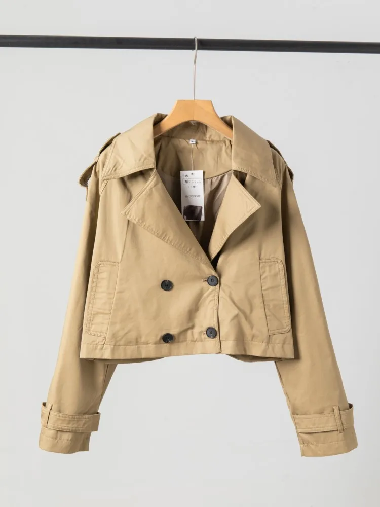 

Двубортные короткие плащи цвета хаки для женщин, осень 2024, новая мода, повседневные свободные куртки с лацканами и длинными рукавами, карманами, верхнее пальто
