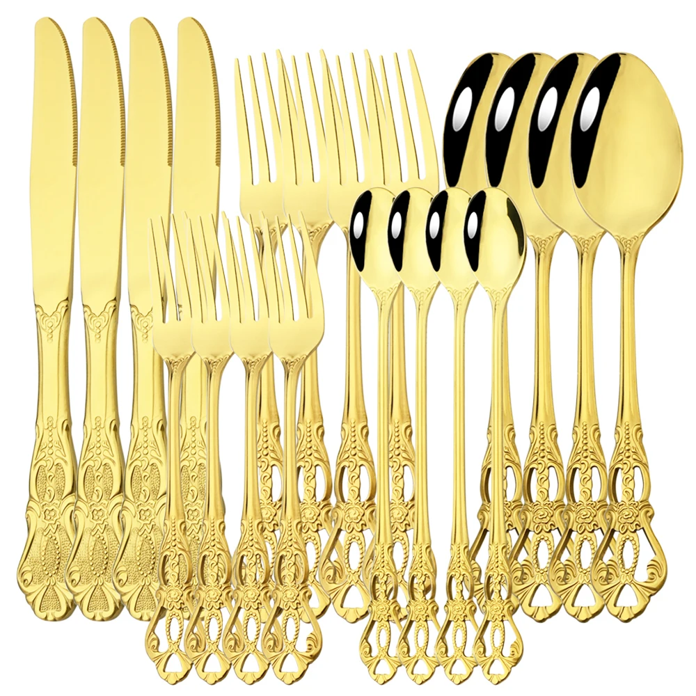 Royal 4/20Pcs Gold Dinnerware Knife Fork Long Ice Spoons Flatware Stainless Steel Cutlery Set Kitchen Silverware Tableware Set