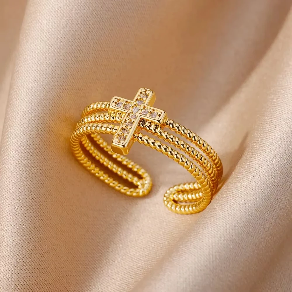 Luxus Zirkon Geometrische Ringe Für Frauen Edelstahl Gold Farbe Offenen Ring Trendy Hochzeit Party Ästhetischen Jewerly Geschenk Femme