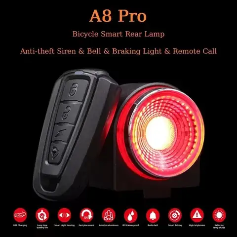 A8 Pro Road Bike Anti-theft Alarm Lock Auto Brake Cycling Taillight Remote Control Bicycle Rear Light Wireless Bell