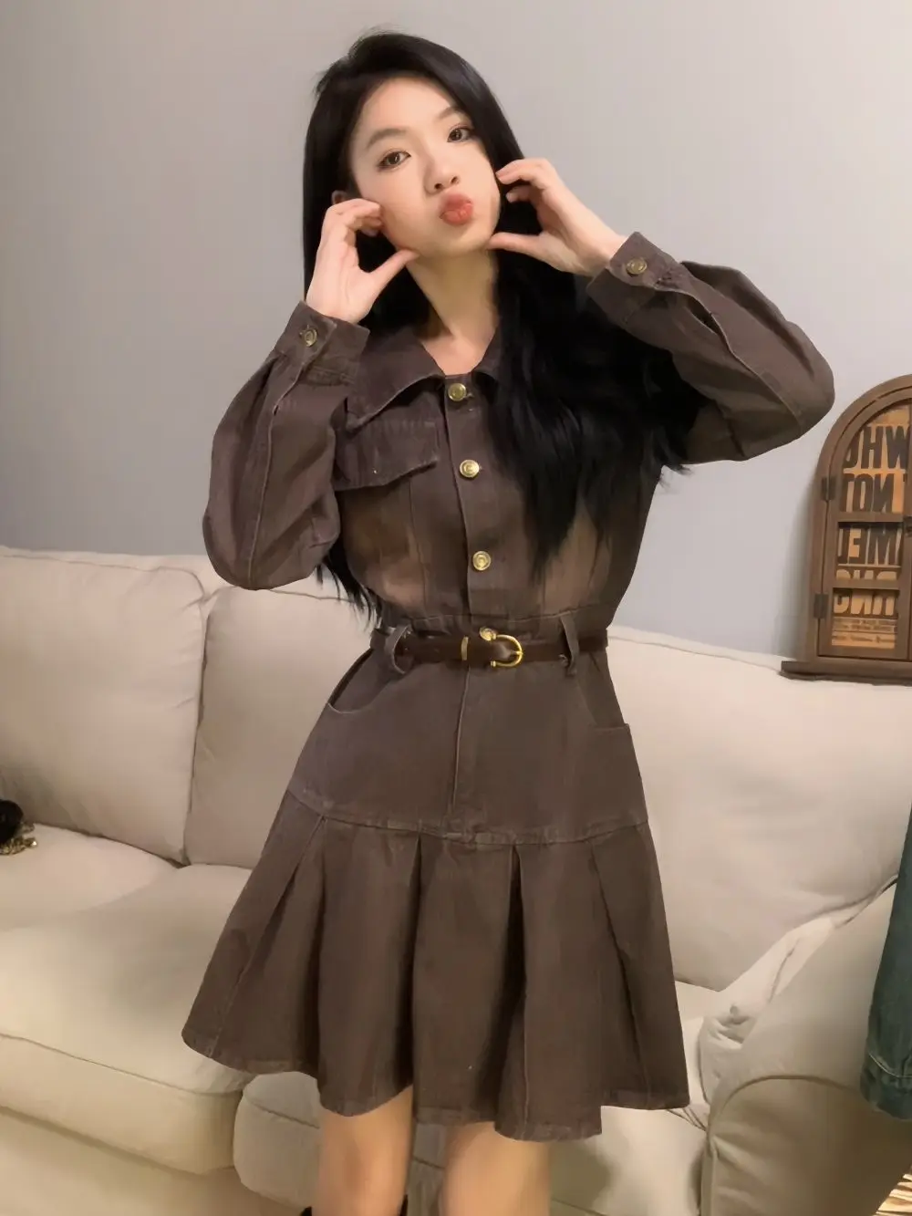 

Korea Retro Long-Sleeved Denim Dress Women'S Spring Autumn New Waist Slimming Design Pleated A-Shaped Skirt