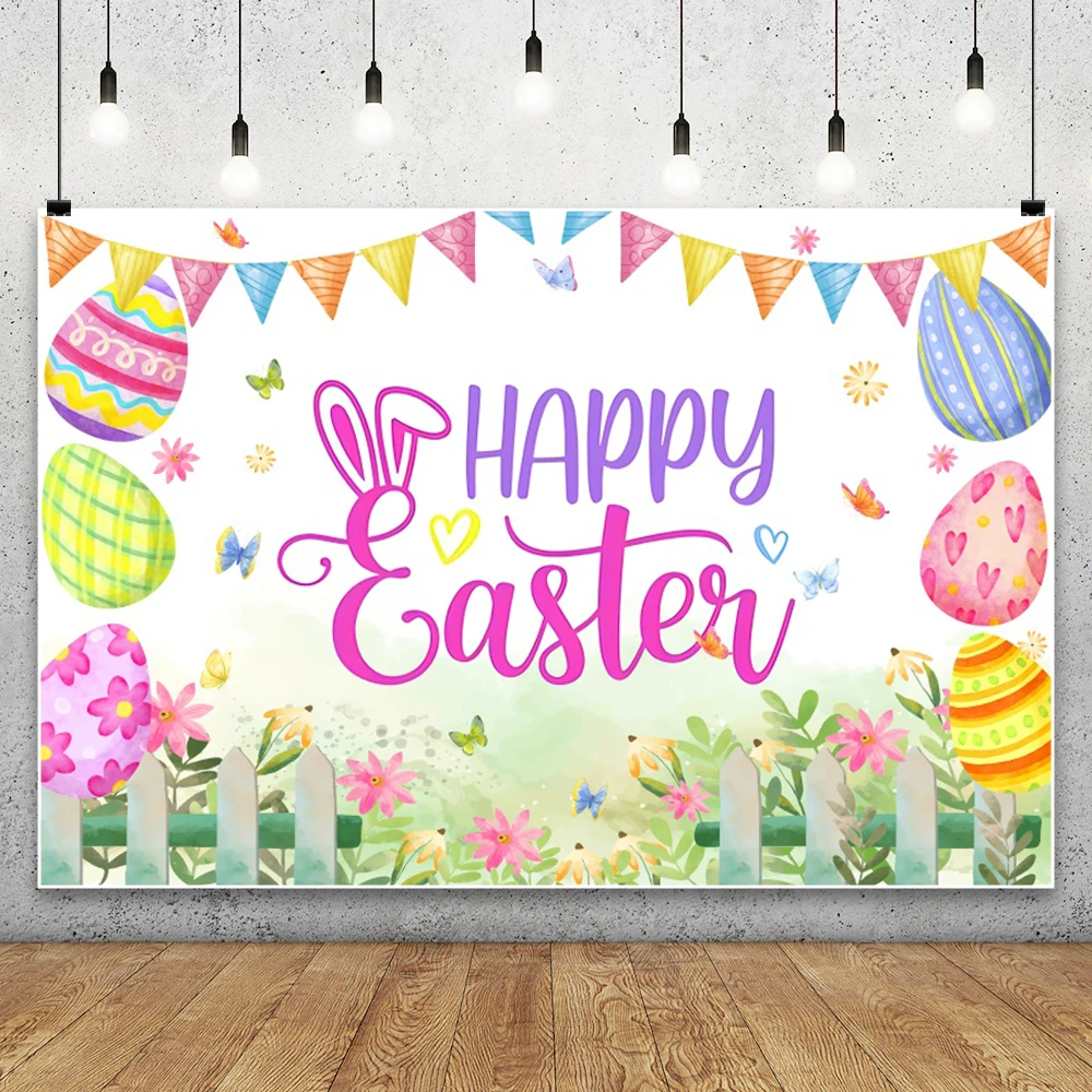 

Happy Easter Photography Background Easter Colorful Eggs Flower Butterfly Kids Birthday Party Decorations Backdrop Photo Studio