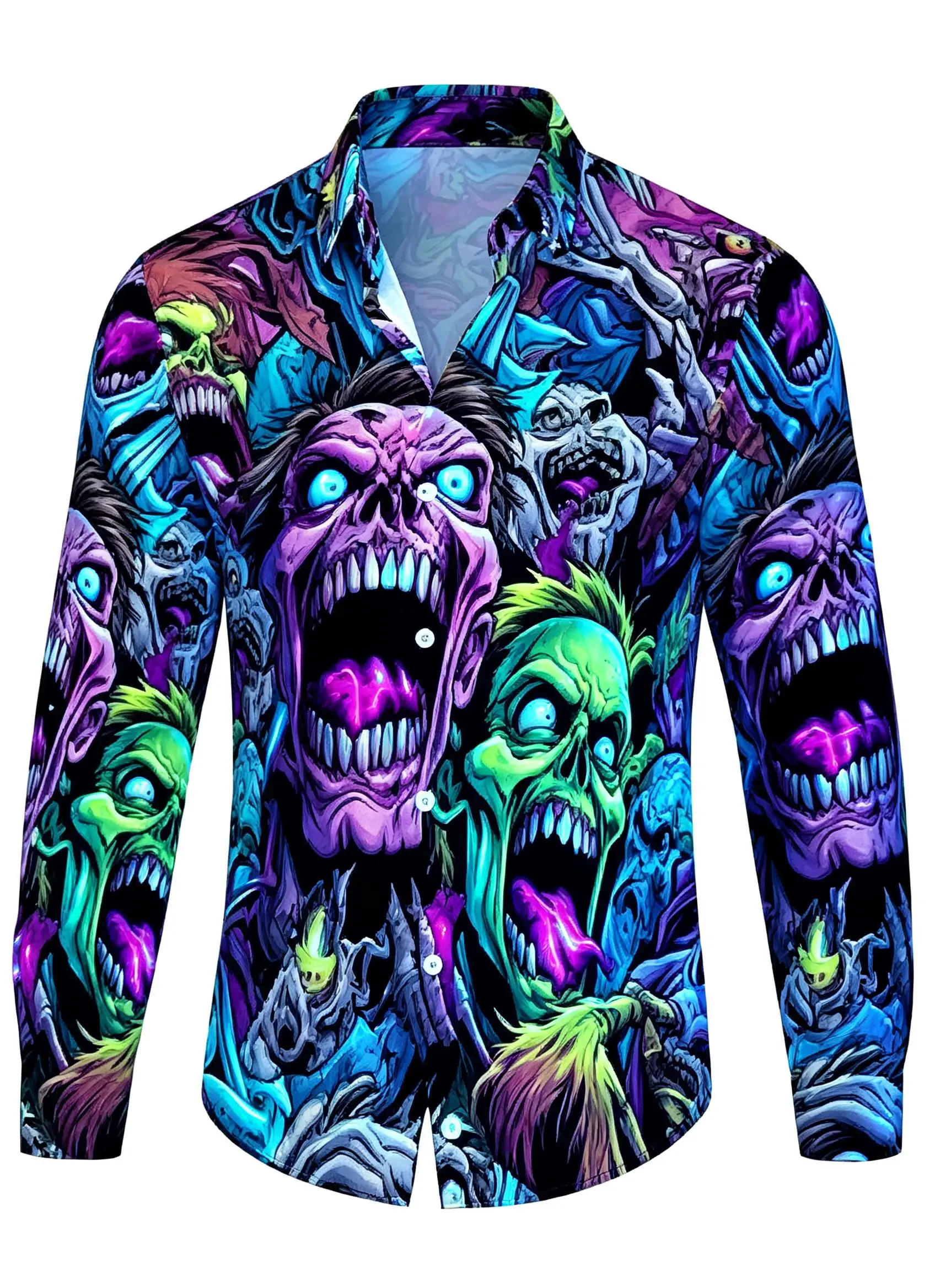Halloween Men Lapel Collar Shirt Comic Style Horror Creature Graphic Polyester Long-Sleeve Blouse
