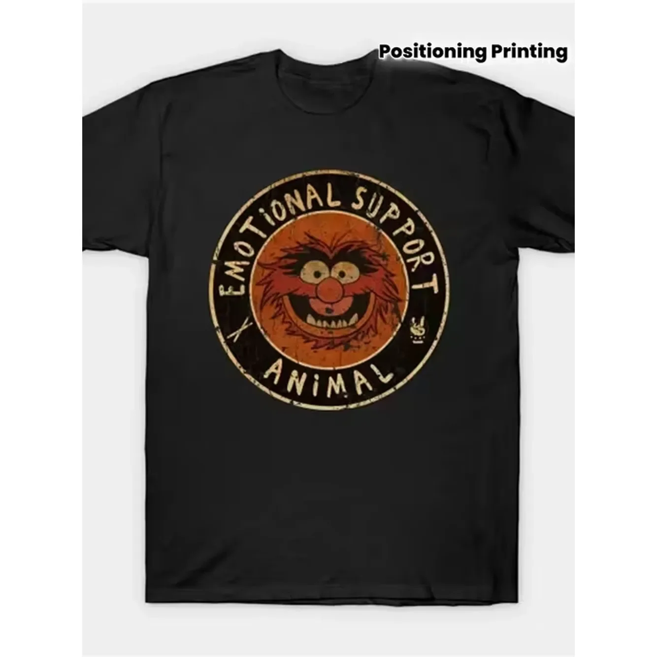 Mens Plus Size Vintage Emotional Support Animal T Shirt Black Tee With Circular Graphic Of Spiky Haired Character On Red Background Vintage Casual Wear