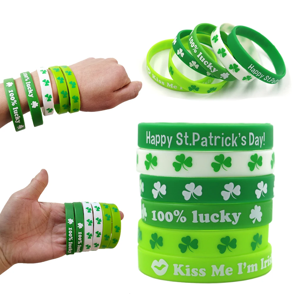 10pcs St Patrick's Day Rubber Bracelets Wristbands Irish Holiday Lucky Green Bracelet St Patrick's Day Party decoration favors