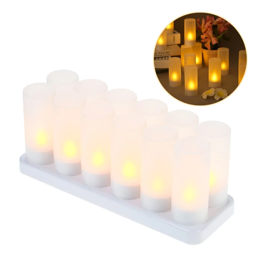 

12pcs/set Rechargeable LED Flickering Flameless Candles Tealight Candles Lights with Frosted Cups Charging Base Yellow Light