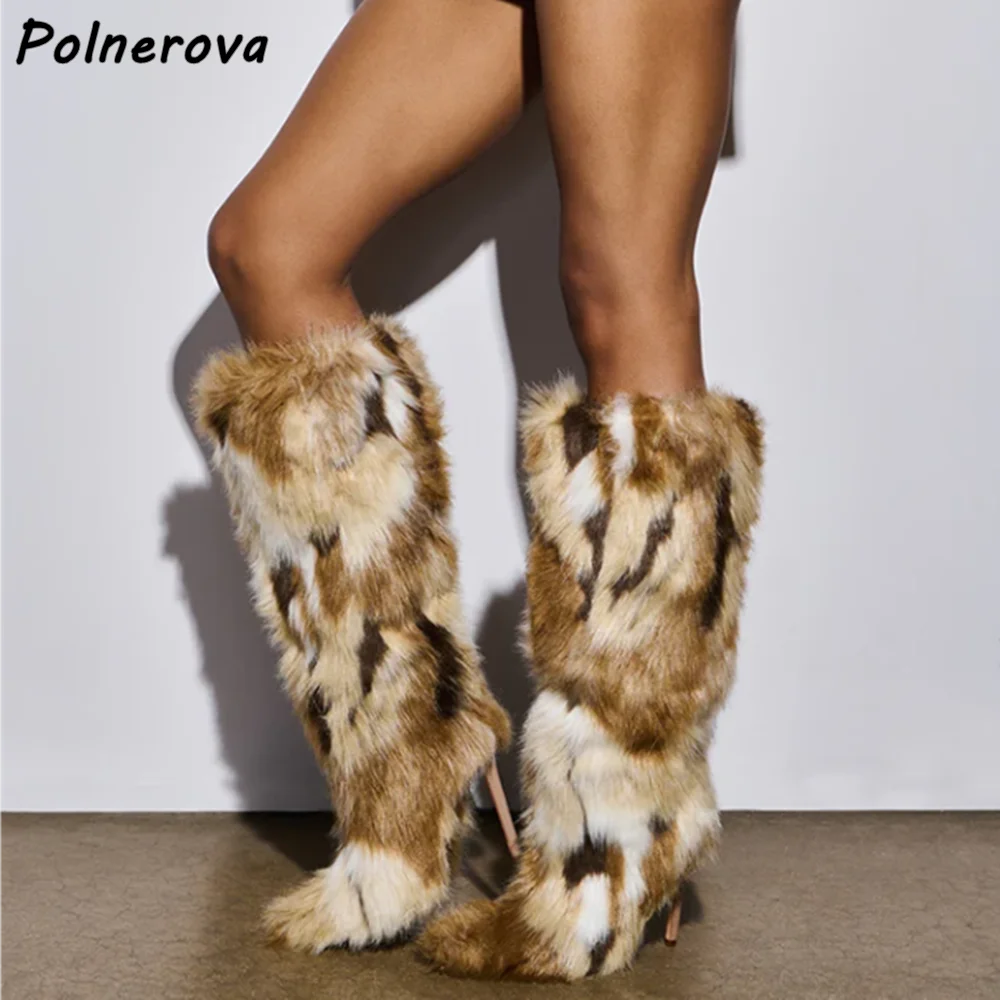 

Long Fur Snow Boots Pointy Toe Thin Heels Brown Lovely Sweet Knee High Boots Winter Warm Fashion Women's Runway Leisure Shoes