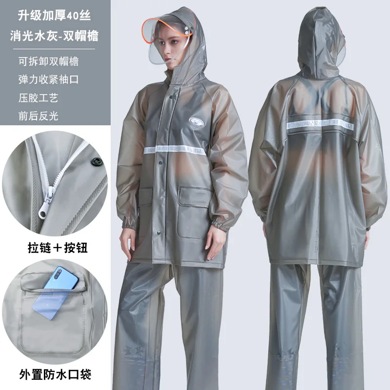 Fashion Transparent Adult Raincoat Rainpants Set Thick PVC Waterproof Hooded Rain Poncho Outdoor Riding Stormproof Rainwear Suit