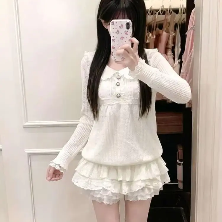 Gentle Lovely Knit Casual Pullovers Lace Patchwork All-match Small Fellow Skirt French Style Slim Minority Suit Dresses