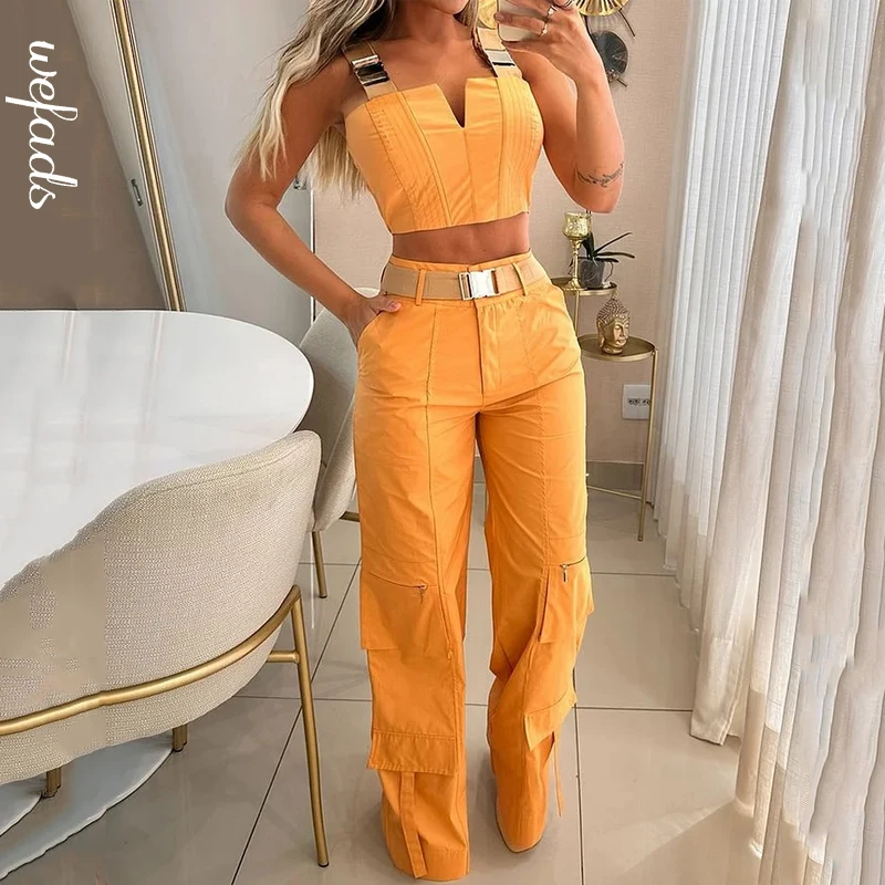 Wefads Two Piece Set Women Summer Casual Fashion V Neck Sleeveless Suspender Pullover Loose Wide Legs Cargo Pants Set With Belt