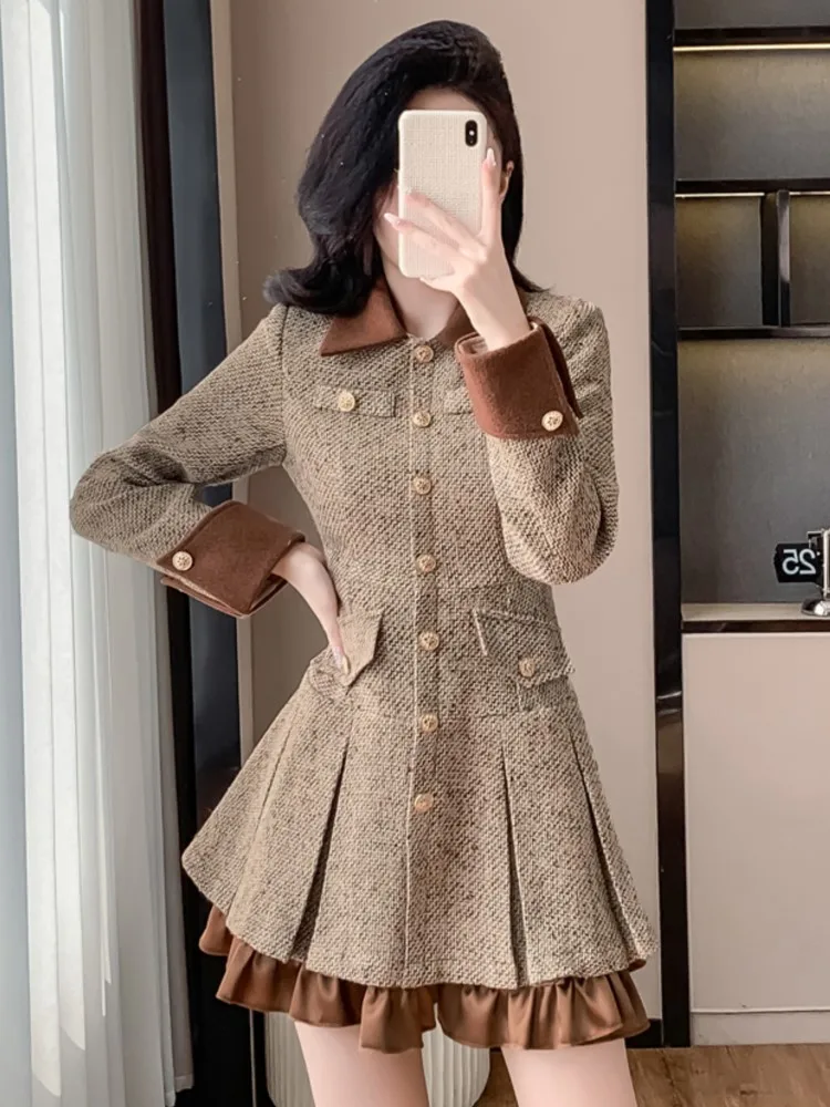 

French Fashion Brown Tweed Short Dress Autumn Winter New Single Breasted Folds A Line Turn Down Collar Vestidos Female Elegannt