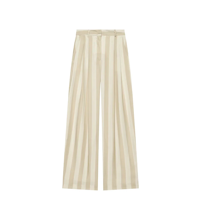 YENKYE  Summer Women's Vertical Stripe Wide Leg Trousers Pleated Front Loose Pants Office Casual Bottoms