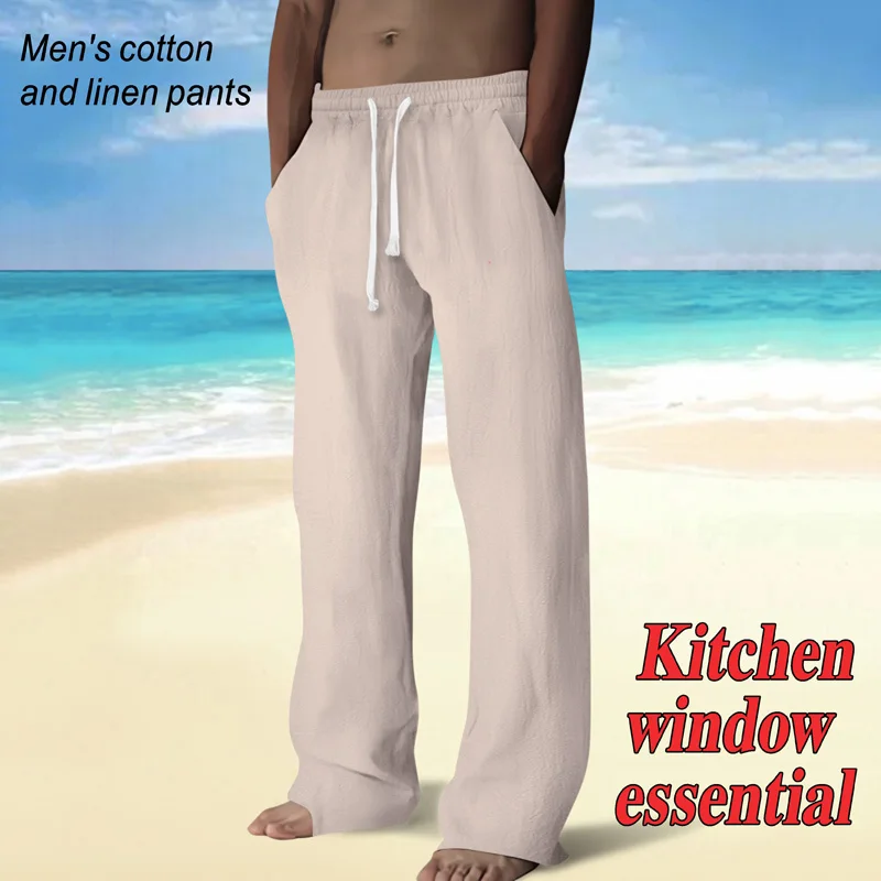 Men's Linen Blend Pants Elastic Waist Drawstring Casual Trousers with Pockets Breathable Straight Leg for Summer Beach DailyWear