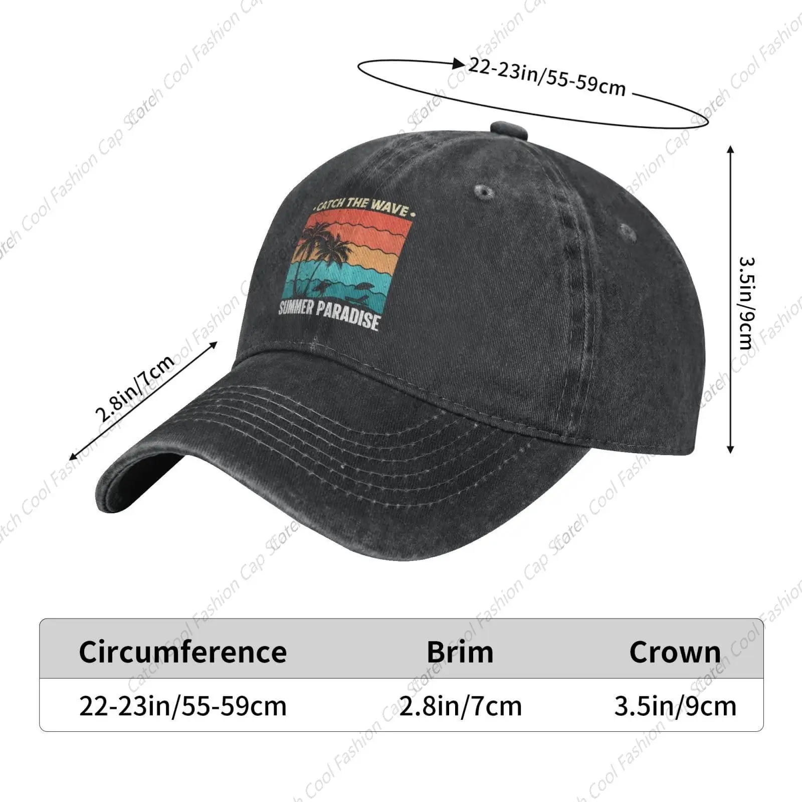 Catch The Wave Summer Beach Vacation Baseball Cap for Men Women Vintage Trucker Denim Hat Washed Cotton Fashion Unisex