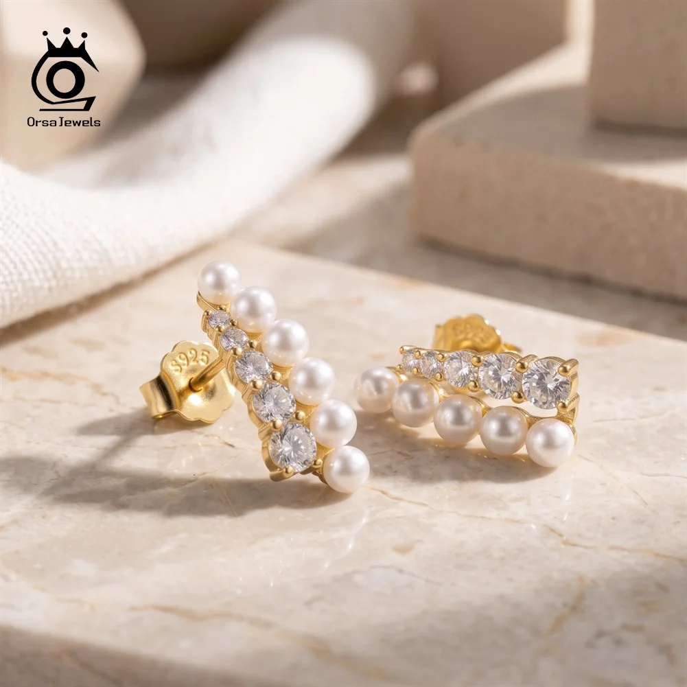 ORSA JEWELS 925 Sterling Silver Shell Pearl Earrings for Women Lustrous Graduated Cubic Zirconia Elegant Fine Jewelry PSE22