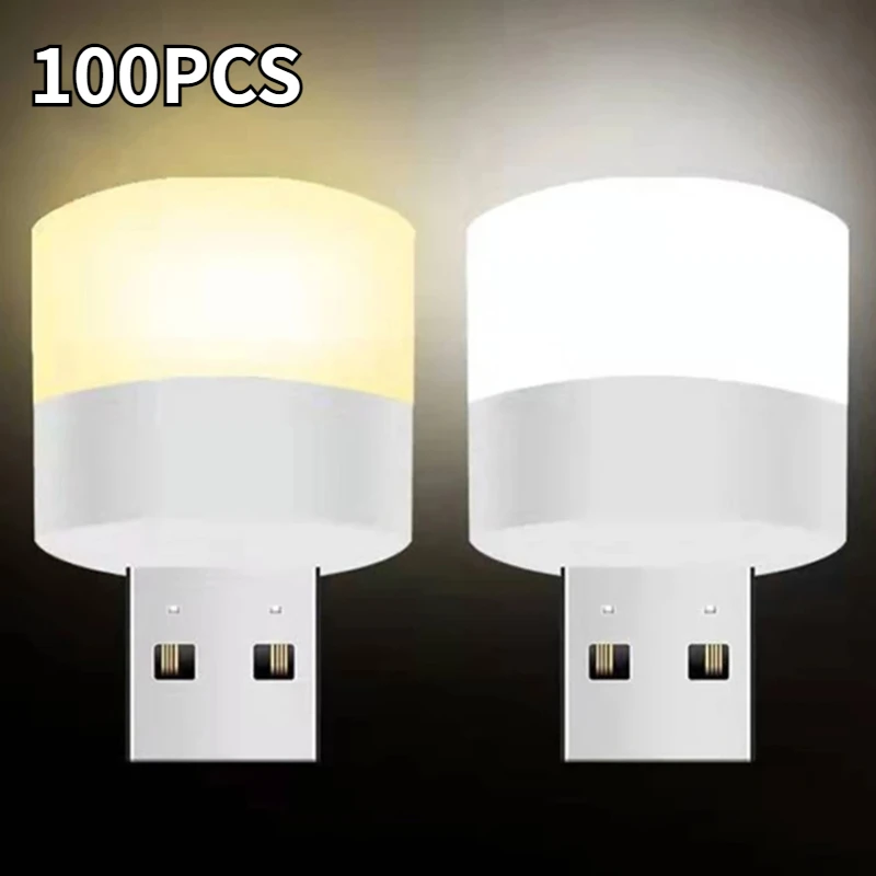 100Pcs USB Plug Lamp Mini LED Night Light Power Bank Charging Book Lights Small Round Reading Eye Protection Lamp Camp Equipment