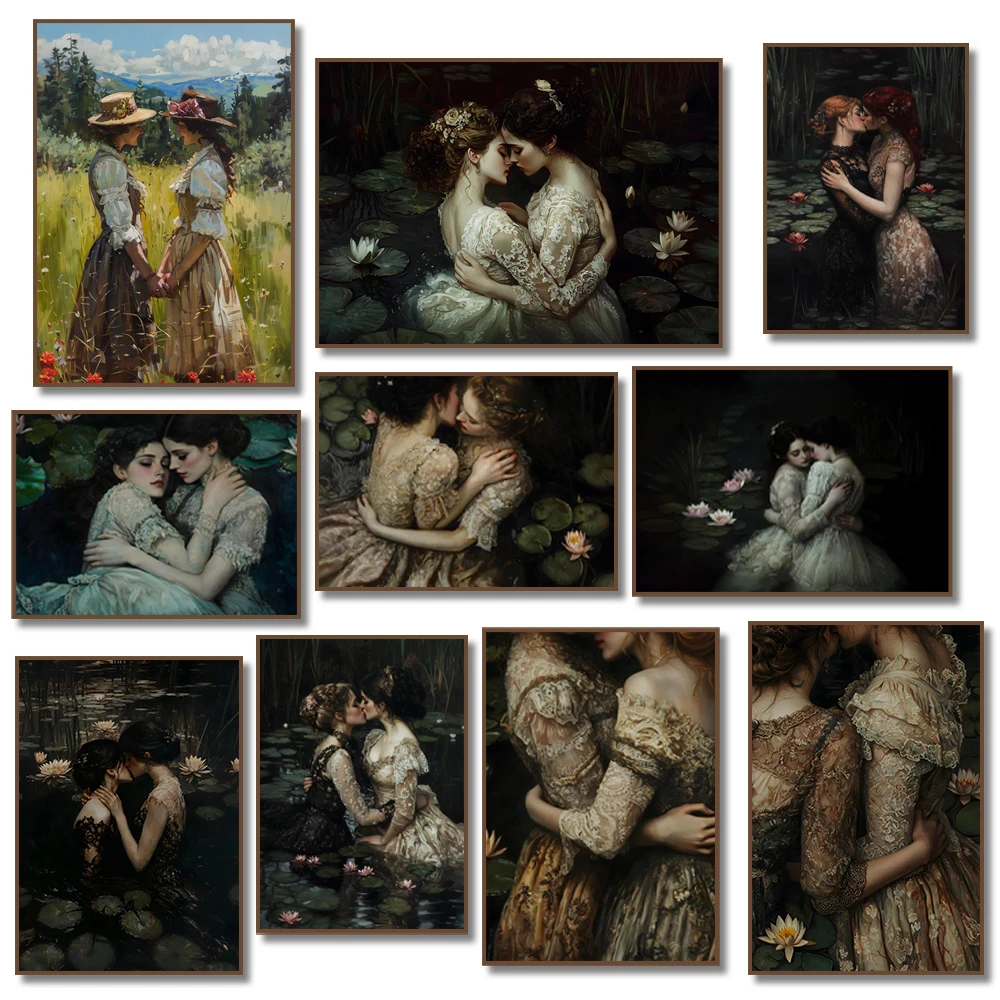 لوحة قماشية فيكتورية قوطية ، قبلة صديقات ، ملصق أكاديمي مظلم ، لوتس بحيرة ، فن جداري ، ديكور منزلي ، طباعة