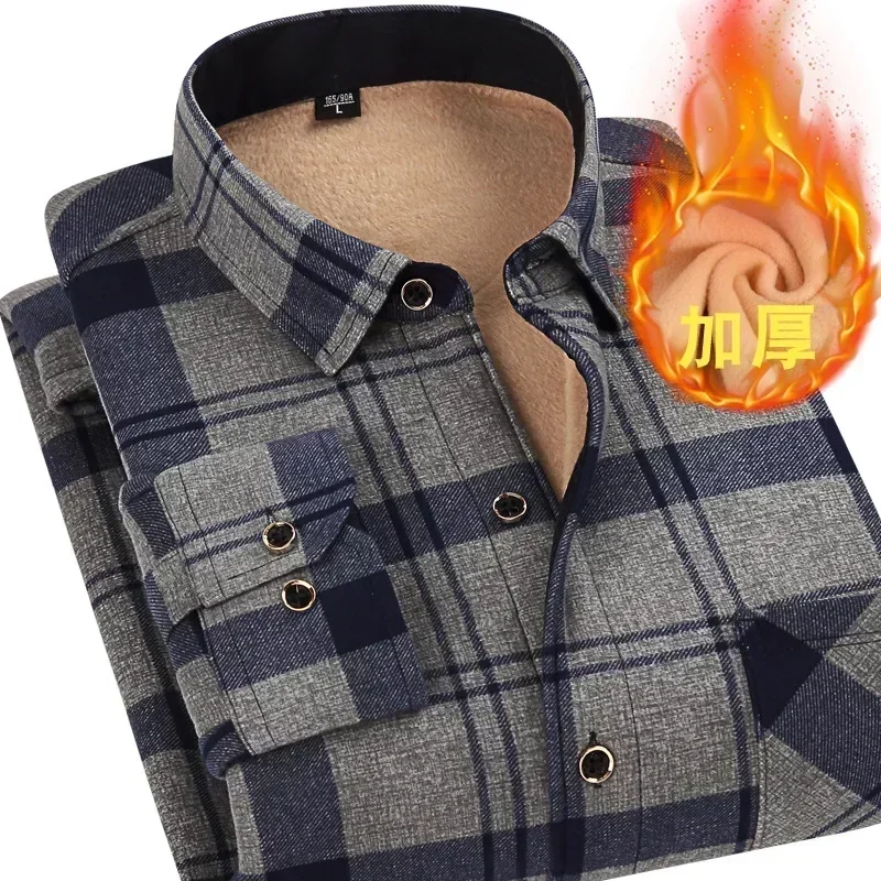 Men's Thick Fleece Plaid Shirt Autumn Winter Turn-down Collar Warm Slim Fit Casual Business Jacket Outwear
