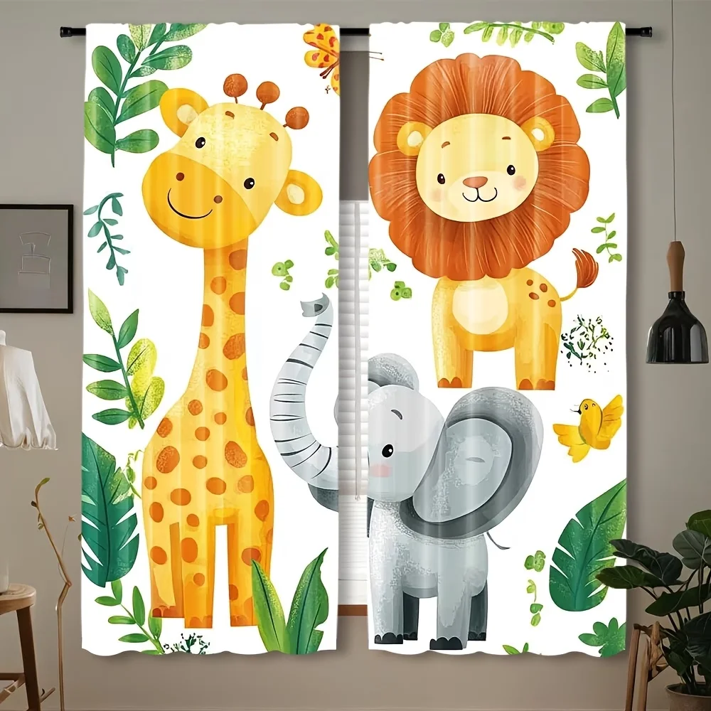 2PCS Digital Printed Curtains, Giraffe Lion Safari African Wildlife, Window Treatments for Living Room Bedroom Home Decoration